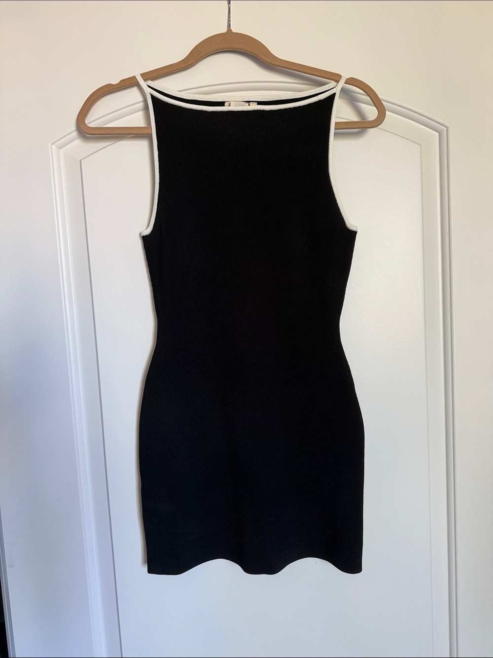 Monday Swimwear Sleeveless Black Knit Tank Dress with White Trim